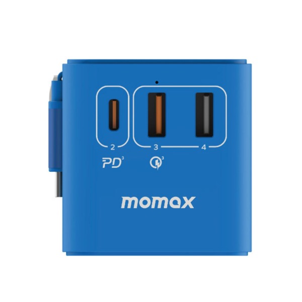 شاحن سفر تيار متردد 1-وورلد 70 واط GaN ب 3 منافذ وكيبل USB-C مدمج من Momax | أزرق شاحن سفر تيار متردد 1-وورلد 70 واط GaN ب 3 منافذ وكيبل USB-C مدمج من Momax | أزرق
